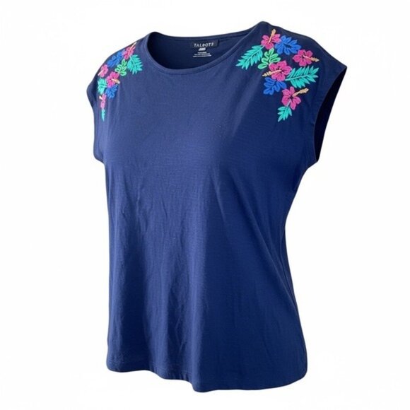 Talbots Petites Navy Embroidered Cap Sleeve T-Shirt Lp 100% Cotton, Large Petite - Picture 1 of 9